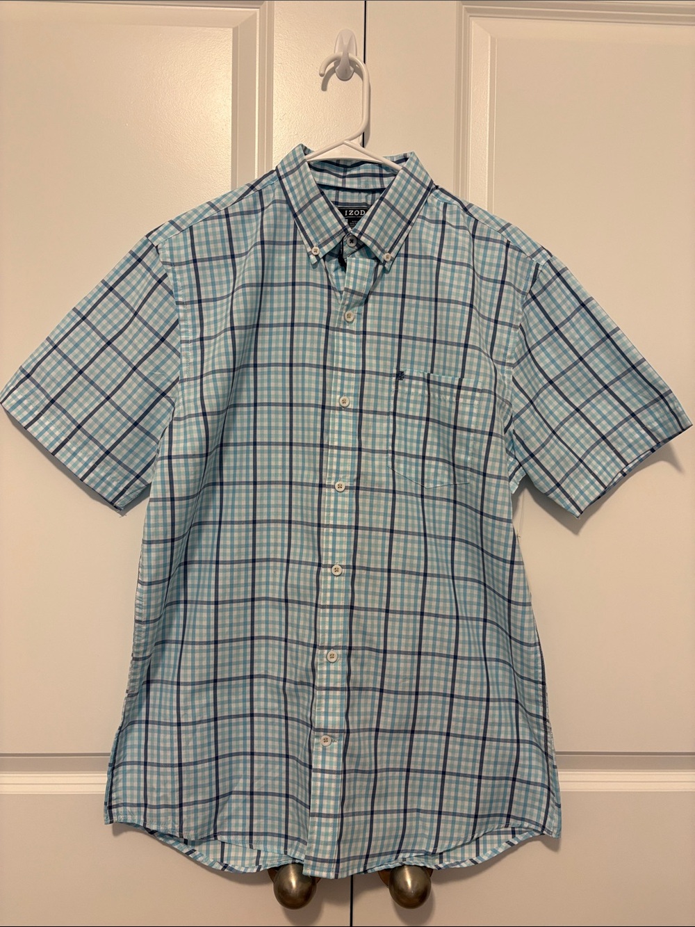Izod Men’s Short Sleeve Plaid Button-Down Shirt in Light Blue and Navy